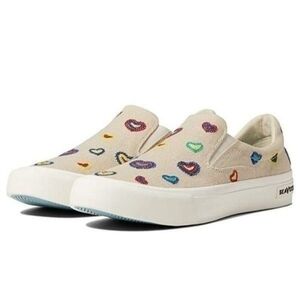 SeaVees Wmn's Hawthorne Rainbow Heart Embroidered Slub Slip On Sneakers, Sz 9.5